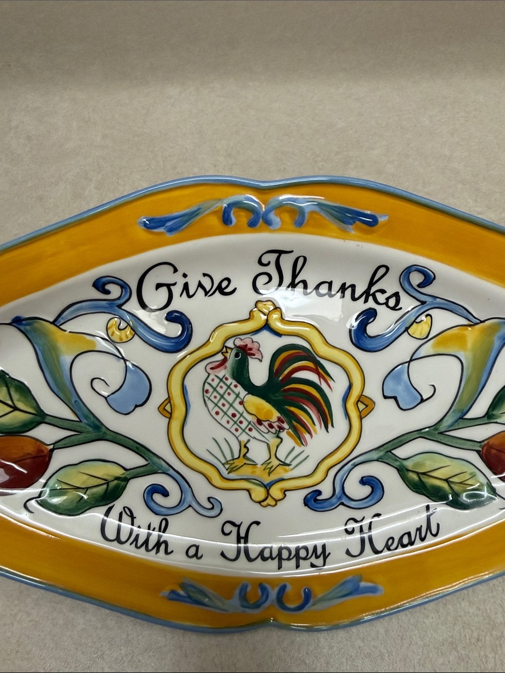 Fitz and Floyd Give Thanks Rooster Small Platter - Yellow Accent - Picture 2 of 4